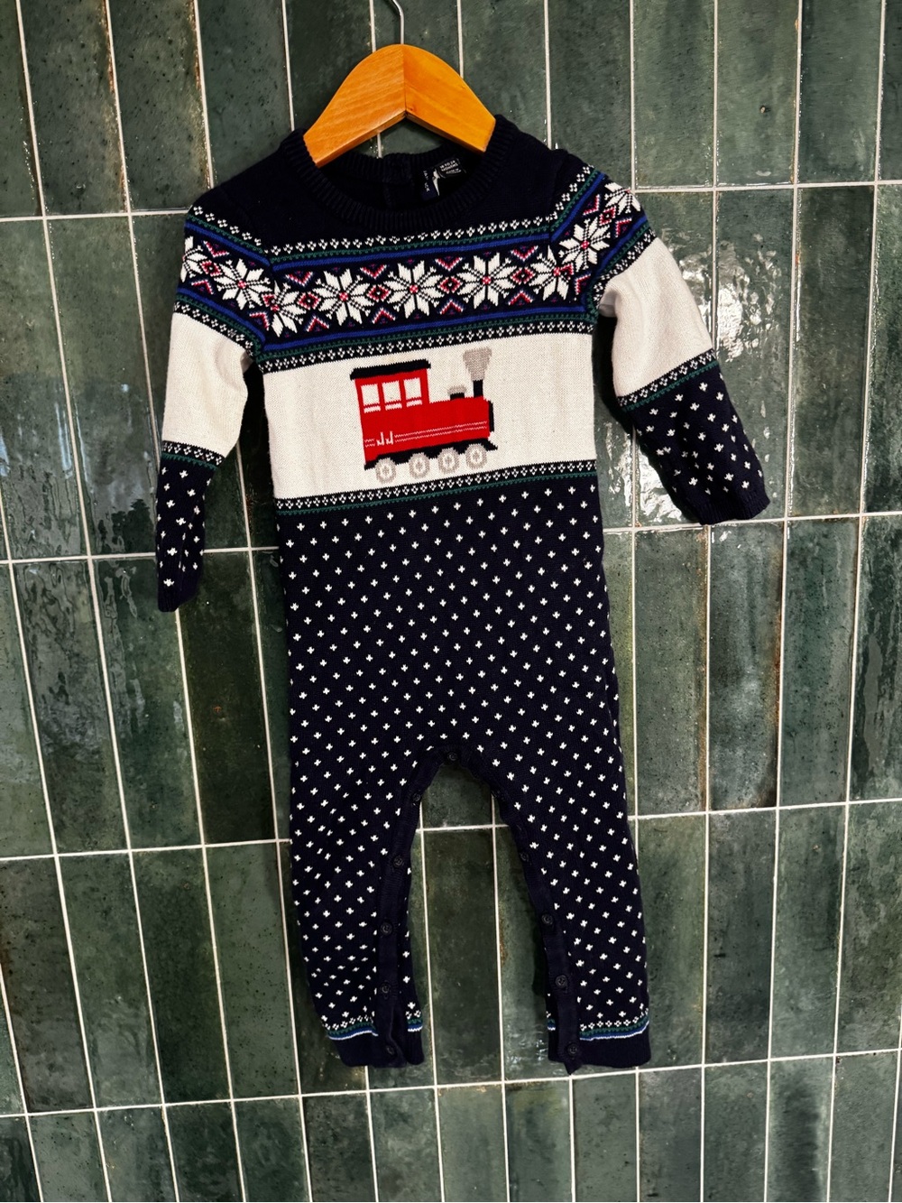 Janie and Jack Navy and Cream Fair Isle Knit One-Piece - Picture 1 of 3